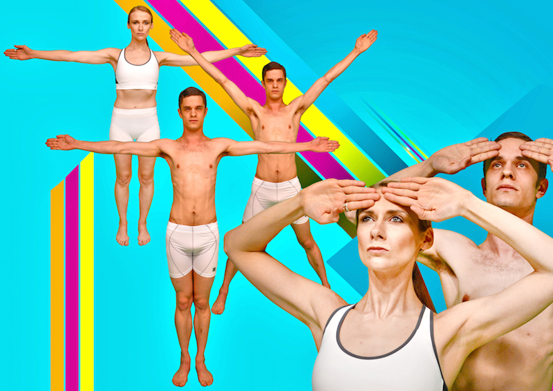Dancers in white undergarments execute various salutes behind a flourscent background